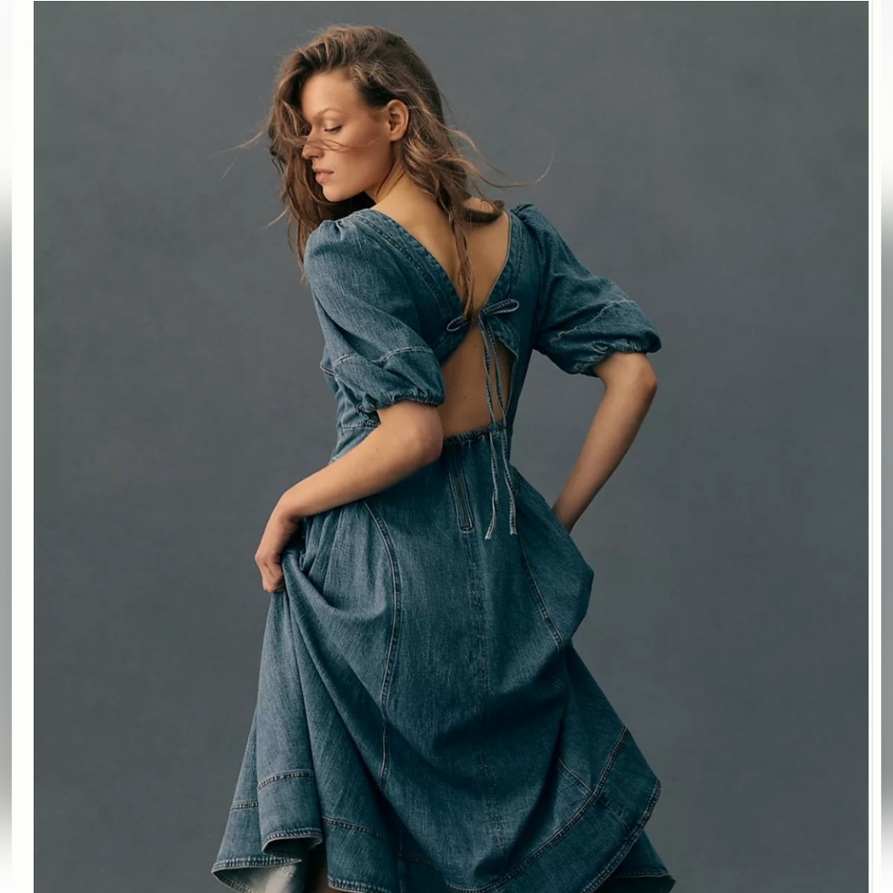 Pilcro Puff-Sleeve Seamed Denim Midi Dress Size S